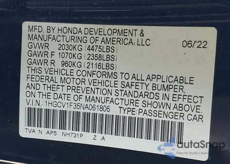 2022 Honda Accord Sport z USA, uszkodzony, nr VIN 1HGCV1F35NA061806